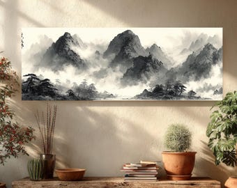 Impresión de montaña en tinta china: Picos de montañas brumosos, arte de estilo asiático