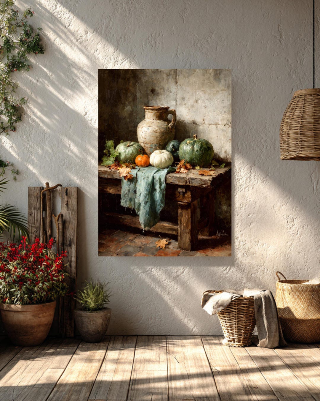 Vintage Still Life Oil Painting Print: Rustic Jug, Pumpkins, Autumn ...