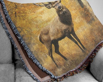 Autumn Deer Woven Blanket: Cozy Cabin & Woodland Throw