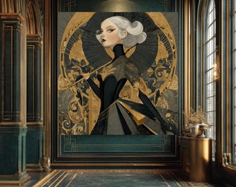 Art Deco Flapper Canvas Print | 1920s Black Gold Art Nouveau Poster
