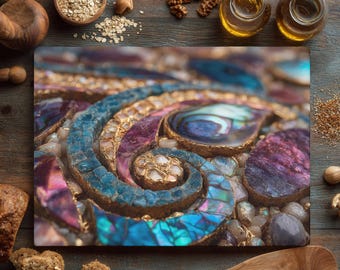 May include: A decorative cutting board with a mosaic design featuring swirling patterns in shades of blue, purple, and gold. The board is surrounded by wooden bowls, nuts, and oil bottles, suggesting a kitchen or food-related theme.
