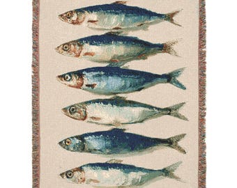 Coastal Sardines Woven Blanket: Nautical Beach House Throw