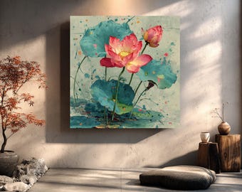 Op de afbeelding: Vierkante canvas kunst met een aquarel schilderij van een lotusbloem. De roze bloem heeft een gele kern, omringd door grote teal bladeren. De achtergrond heeft verfspatten in verschillende kleuren, wat een serene en artistieke uitstraling creëert.