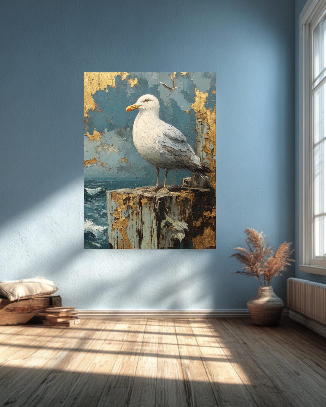 Elegant Seagull Vintage Oil Painting | Coastal Wall Art | Blue Gray ...