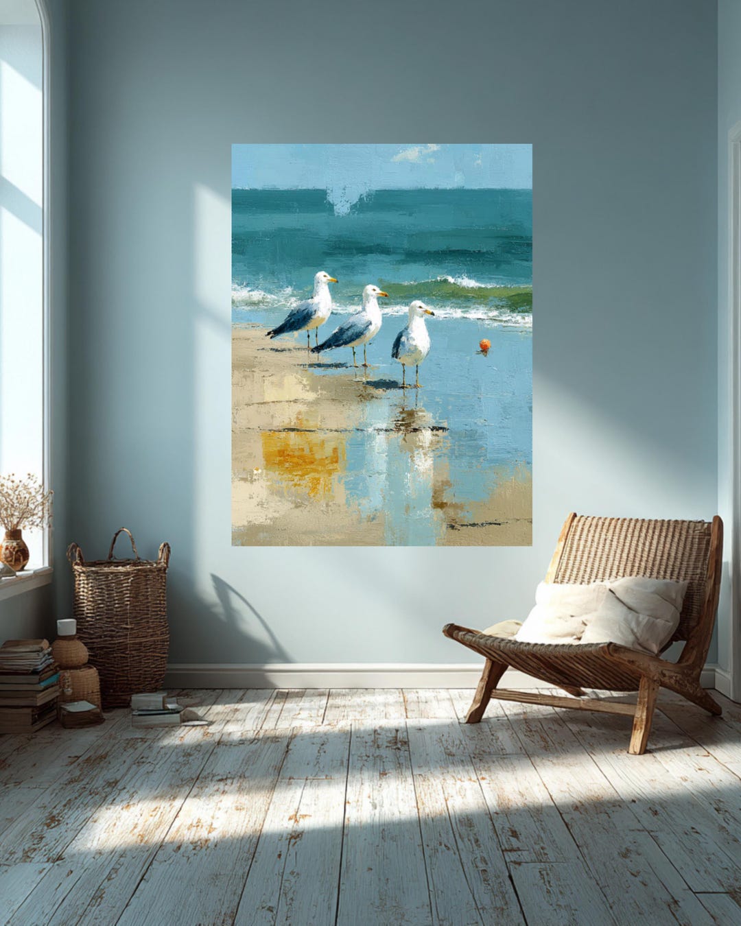 Three Seagulls on the Beach Oil Painting | Coastal Wall Art | Blue ...