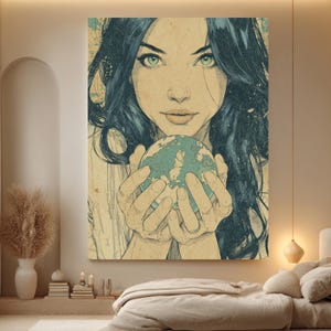 May include: A large canvas print featuring a woman with long, dark hair and striking green eyes, holding a globe. The artwork has a vintage, sketched style with a muted color palette, creating a serene and artistic atmosphere. The print is displayed above a bed.