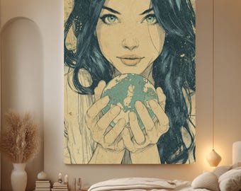 Impresión artística de Mujer Mística con Tierra, póster de retrato en lienzo con puntillismo al estilo James Jean, ilustración de ojos verdes en tonos tierra.