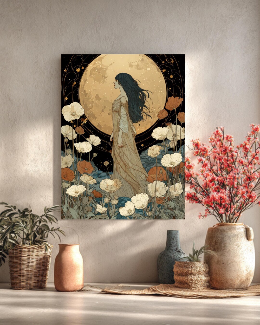 Ethereal Woman Under Full Moon | Harry Clarke Style Fantasy Art Print ...