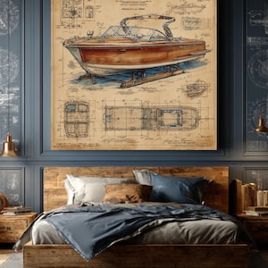 May include: A framed vintage blueprint of a wooden speedboat, labeled "MASTSERCRAFT." The boat is depicted in brown and white, with detailed technical drawings. The artwork is displayed above a wooden bed frame with blue bedding.