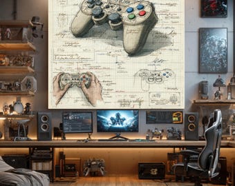 Retro Videospiel Controller Blueprint Kunst | Gamer Wanddeko