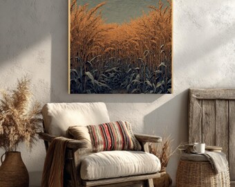 Wheat Field Moon Block Print | Dark Gray & Light Brown Art | Minimalist Nature Print | Rustic Landscape Wall Decor