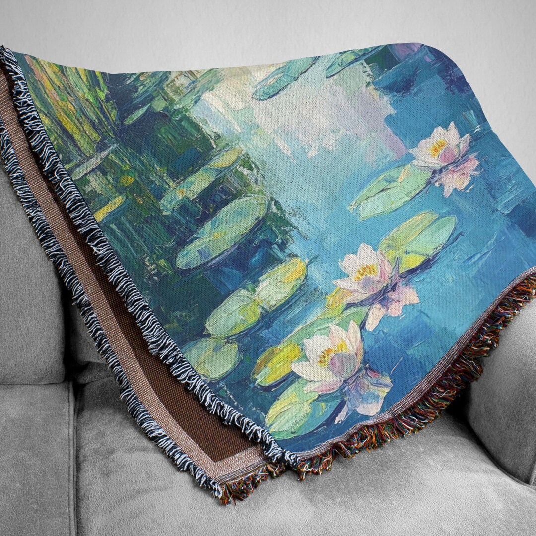 Monet Water Lily Woven Blanket: Impressionist Art Throw, Cozy Home