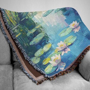 Monet Water Lily Woven Blanket: Impressionist Art Throw, Cozy Home Decor