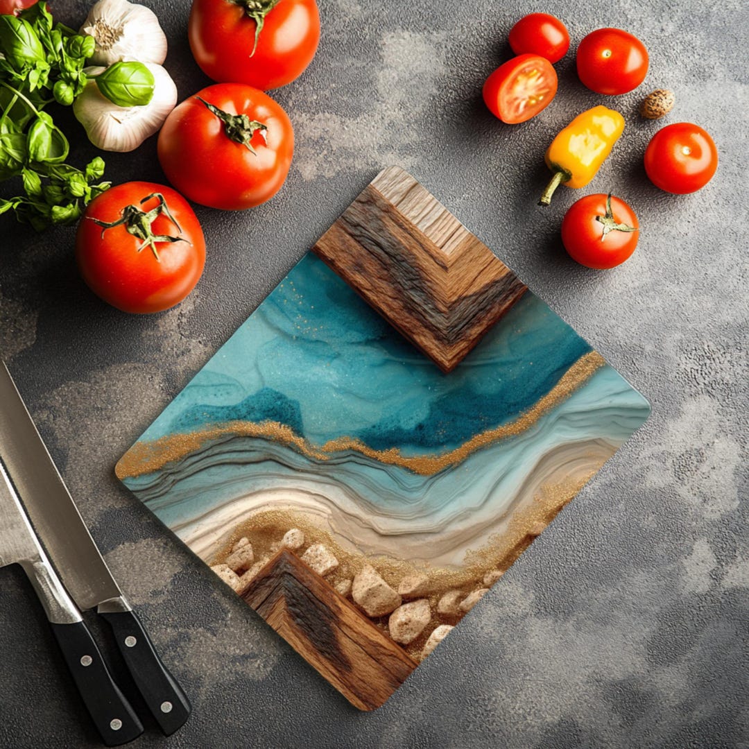 Wood Grain & Blue Resin Cutting Board | Gold Veins Kitchen Decor