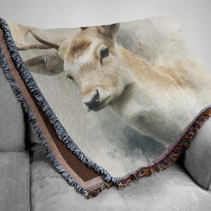 Rustic Watercolor Deer Woven Blanket | Woodland Wildlife Throw | Cozy Cabin Sofa Bed Cover | Country Farmhouse Lodge Home Decor