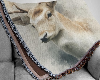 Aquarell Hirsch gewebte Decke: Rustikaler Hüttenüberwurf, Walddekor