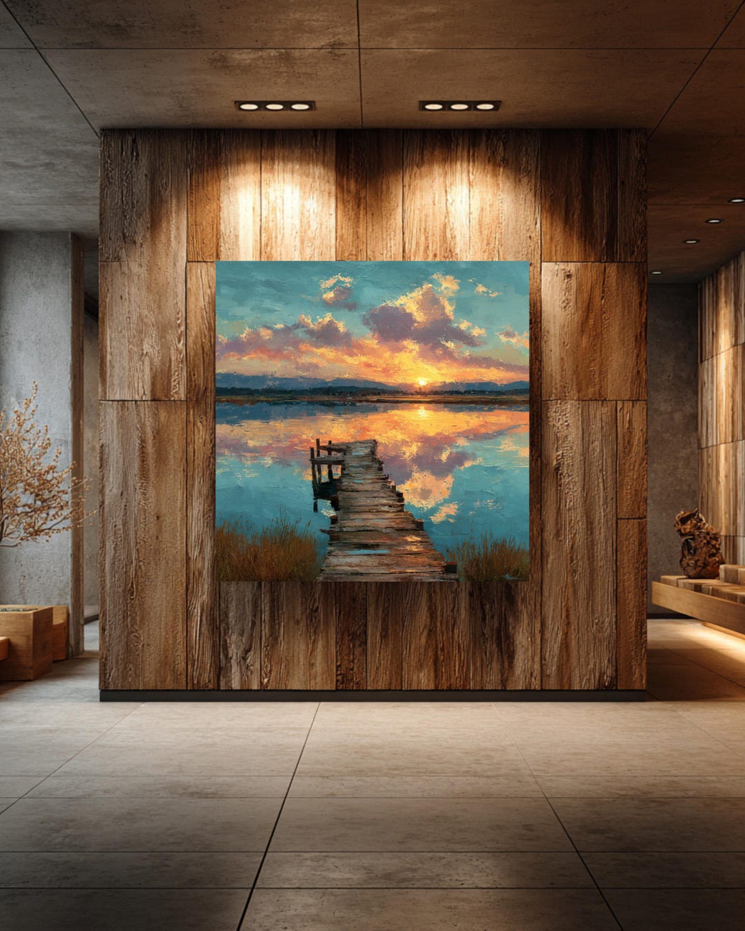 Pastel Sunset Over Lake Oil Painting | Wooden Dock Wall Art | Serene ...