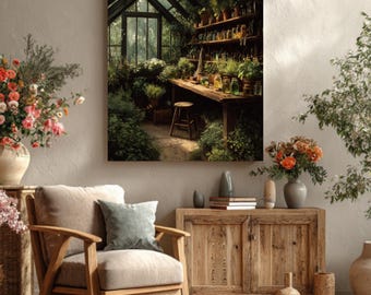 May include: A framed print of a greenhouse interior, filled with lush greenery and glass jars on shelves. A wooden table and stool are in the center, with a large window in the background. The scene is bathed in natural light, creating a serene atmosphere.