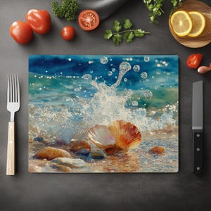 Seashell Glass Cutting Board: Coastal Beach Kitchen Decor