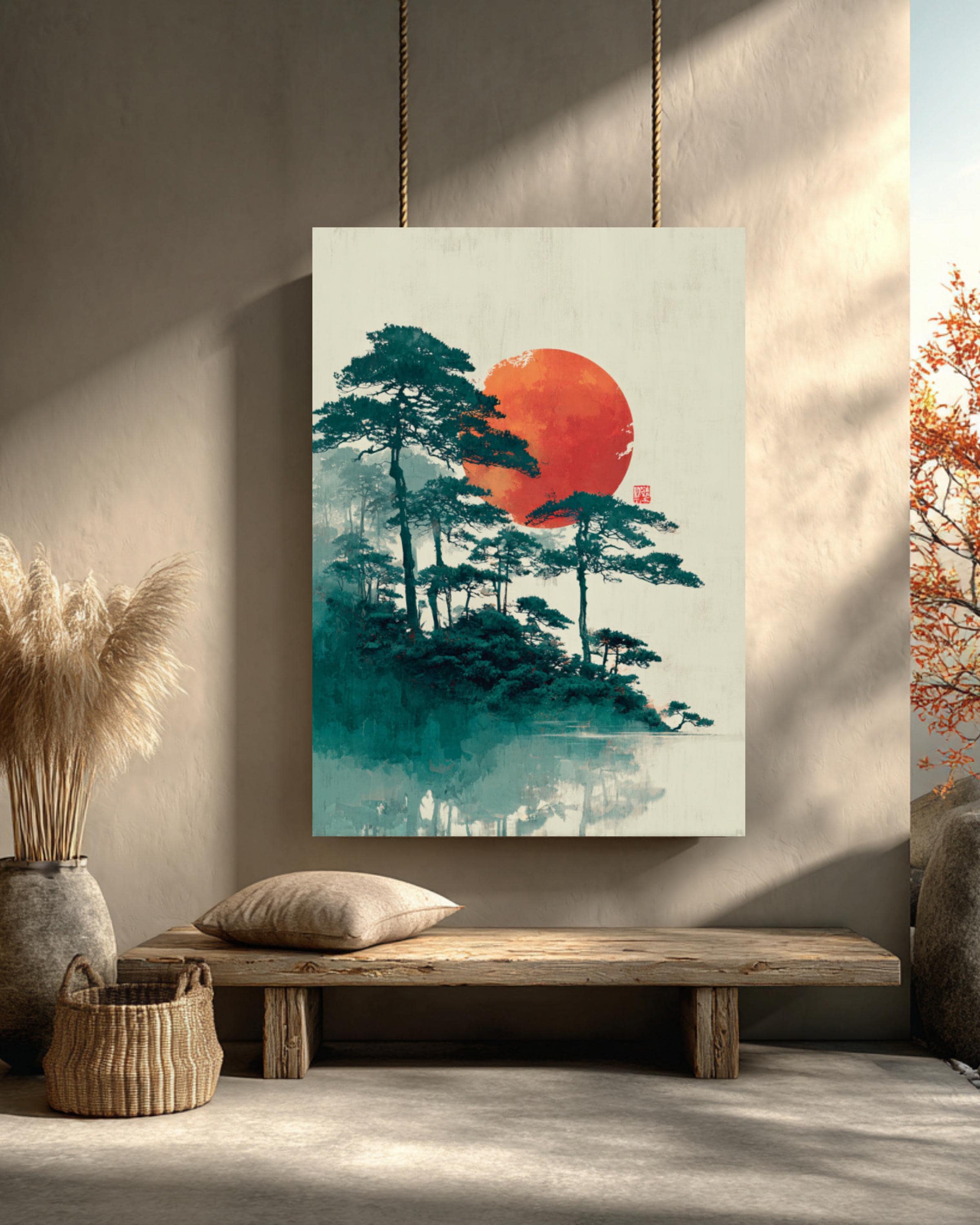 Japanese Sunrise Zen Art: Misty Pine Tree Landscape, Hiroshi