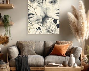 Abstracte lijnkunst vrouwen en bloemengezichten | Minimalistische gebroken witte muurkunst | Botanische behangstijl poster canvasafdruk