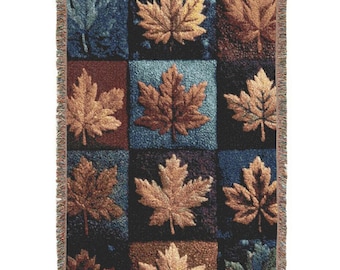 Maple Leaf Patchwork Woven Blanket – Fall Tapestry, Earth Tones