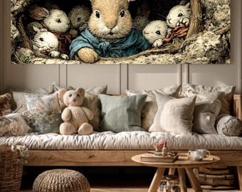 Quadro em tela da família Peter Rabbit | Arte para quarto de bebê no estilo Beatrix Potter