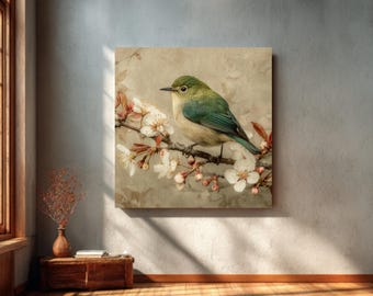 Op de afbeelding: Een canvas print met een gedetailleerde illustratie van een kleine groene en beige vogel die op een bloeiende tak zit. Het kunstwerk heeft een vintage esthetiek, met zachte kleuren en een neutrale achtergrond. De vogel is omringd door witte bloesems en rode accenten.
