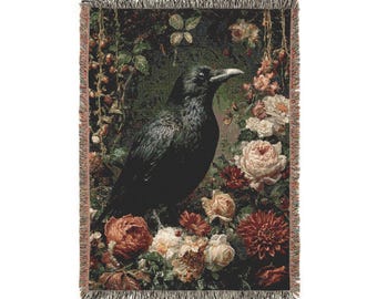 Floral Raven Woven Blanket: Gothic Boho Tapestry Throw
