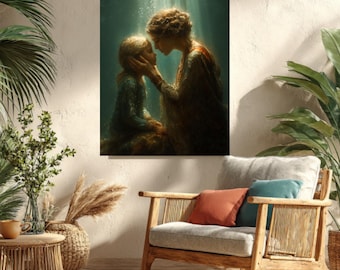 水中の幻想的な人魚の母と子 | 夢のようなファンタジーアートプリントポスター、キャンバスロール、キャンバスラップ、フレーム付きキャンバス