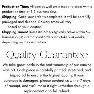 May include: Text on a white background reads "Shipping Details" and "Quality Guarantee." The text describes production time, shipping, and quality assurance for canvas wall art. It mentions domestic and international shipping times.