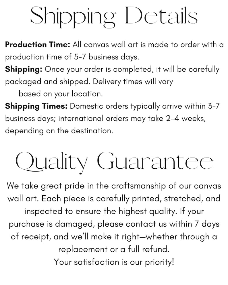 May include: Text on a white background reads "Shipping Details" and "Quality Guarantee." The text describes production time, shipping, and quality assurance for canvas wall art. It mentions domestic and international shipping times.