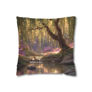 May include: Decorative square pillow featuring a serene forest scene. The artwork depicts a flowing stream, lush greenery, and a large tree with cascading branches. The color palette includes greens, golds, and purples, creating a tranquil ambiance.