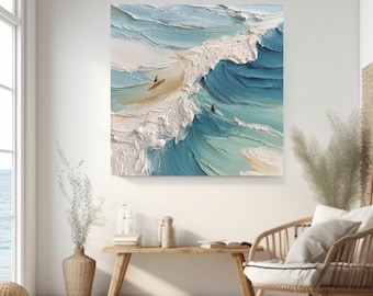 Abstract Surf Art Print – Teal Ocean Waves, Aerial View