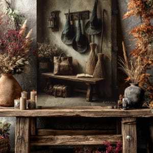 May include: A rustic still life featuring a wooden bench with a leather bag, trunk, and open book. Above, three witch hats hang on the wall. The scene is decorated with brooms, candles, and dried flowers, creating a mystical, autumnal atmosphere.