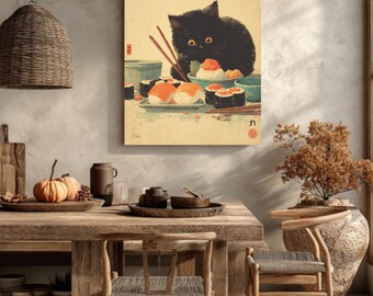 Vintage Japanese Black Cat Sushi Art Print | Kitchen Cafe Decor
