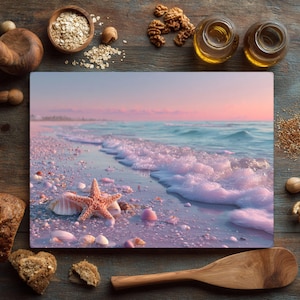 Pastel Beach Scene Glass Cutting Board – Seashells, Starfish & Gentle Ocean Waves, Coastal Kitchen Decor Gift