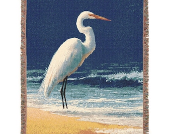 Coastal Egret Woven Blanket: Beach House Throw, Nautical Home Decor