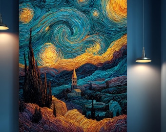 May include: A large, framed canvas print of Van Gogh's "Starry Night" painting. The artwork features swirling blue and yellow brushstrokes depicting a night sky with stars, a village, and cypress trees. The color palette includes blues, yellows, and oranges.
