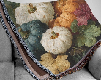Vintage Autumn Pumpkins Woven Blanket: Cozy Fall Farmhouse Throw