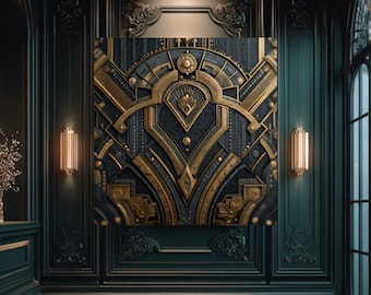 Arte mural geométrico Art Déco en negro y dorado / Diseño de lujo vintage