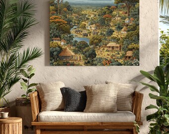 African Village Illustration, Wildlife Scene Art, Canvas Wrap