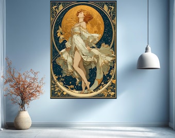 Art Nouveau Moon Goddess | Vintage Celestial Illustration Poster, Canvas Roll, Canvas Wrap & Framed Canvas