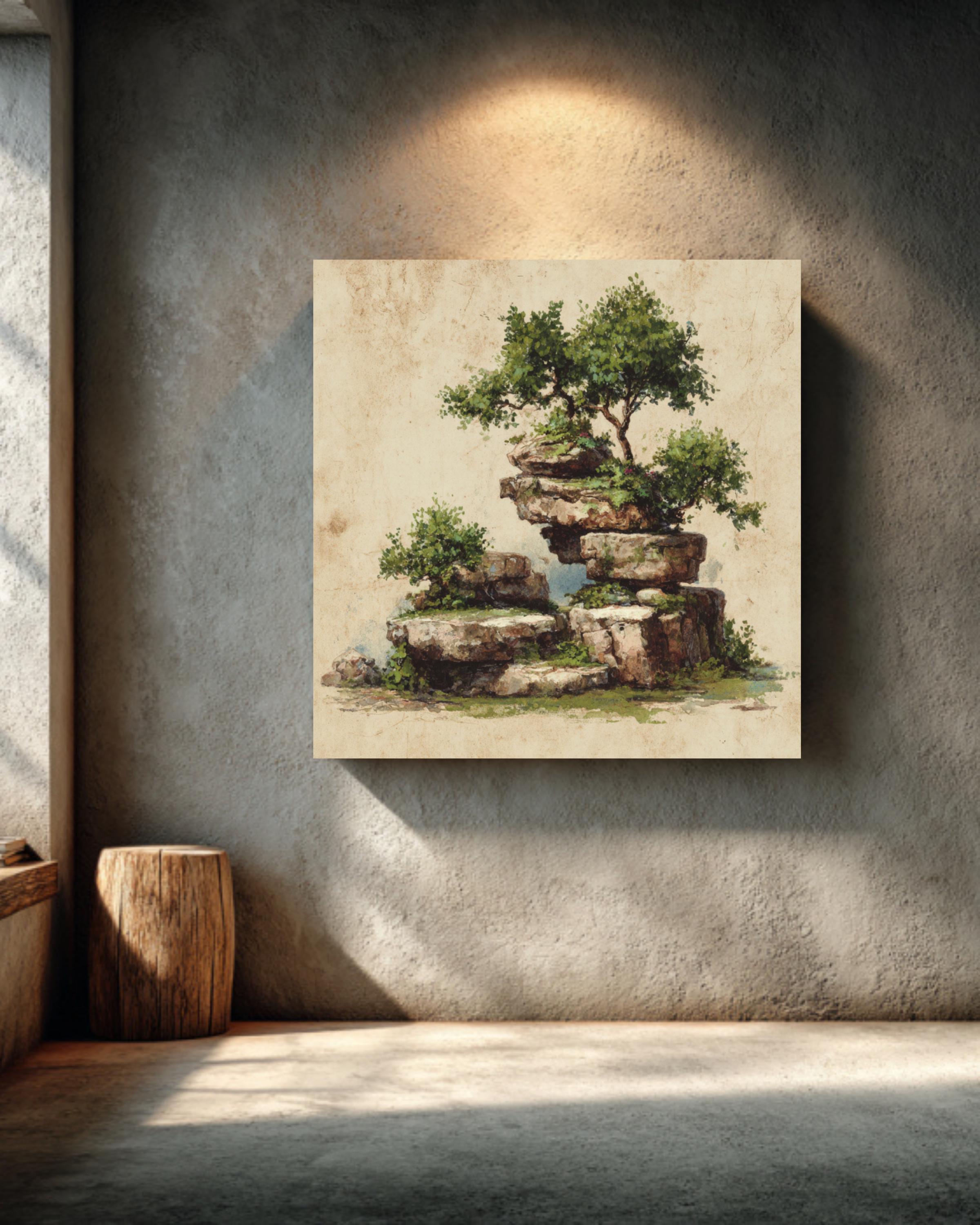 Ancient Chinese Landscape Watercolor | Stacked Rocks & Trees | Oriental ...