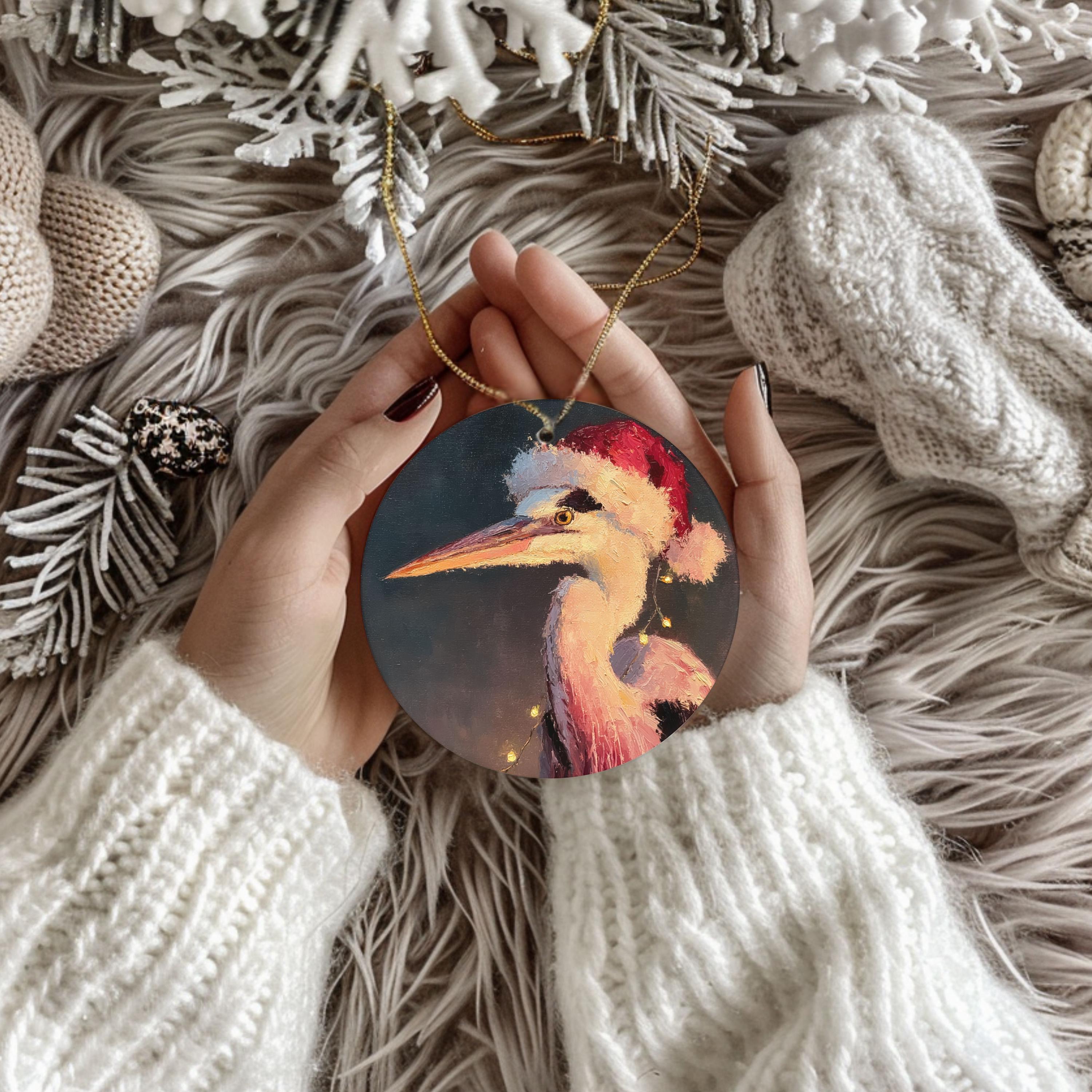 【45R】マリンクラフトカシミヤウール R刺繍 エルボーパッチ グリーングレー Heron Christmas Ornament With Santa Hat: Coastal Holiday Decor