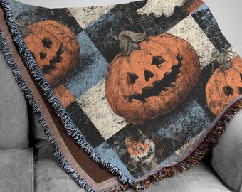 Halloween Woven Blanket: Grunge Checkered Pumpkin & Ghost Decor