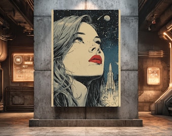 May include: A vintage-style print featuring a woman gazing upwards at a starry sky with a rocket ship. The artwork has a retro comic book aesthetic, with bold lines and a limited color palette of beige, blue, and red. The woman has red lips and long flowing hair.