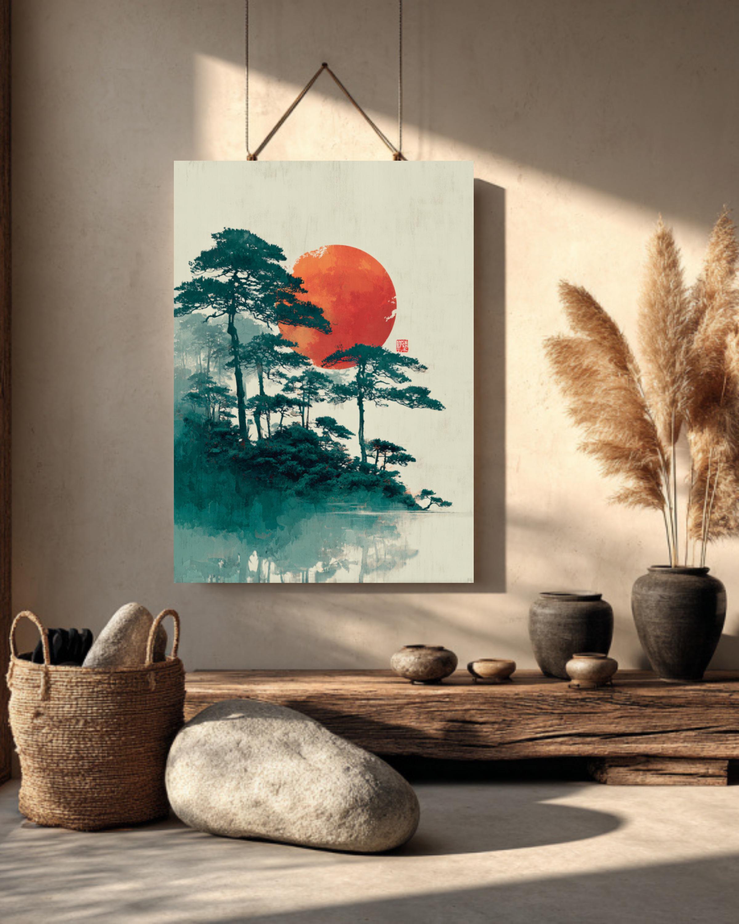 Japanese Sunrise Zen Art: Misty Pine Tree Landscape, Hiroshi