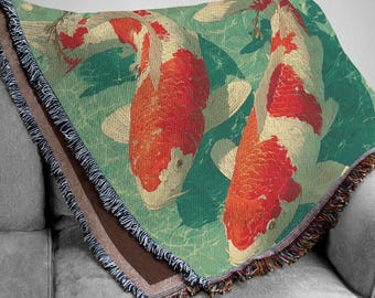 Koi Fisch gewebte Decke: Japanische Zen-Kunst, Boho Wohndekor