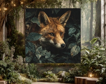 Neugieriger Fuchs – Realistische Tier Wandkunst im dunklen Wald